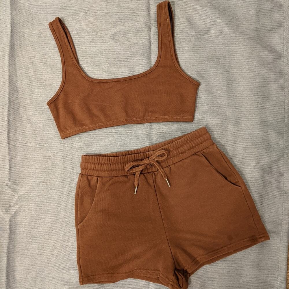 Fashion Nova Brown 2 pc Set Shorts Sports Bra High Waisted Drawstring S